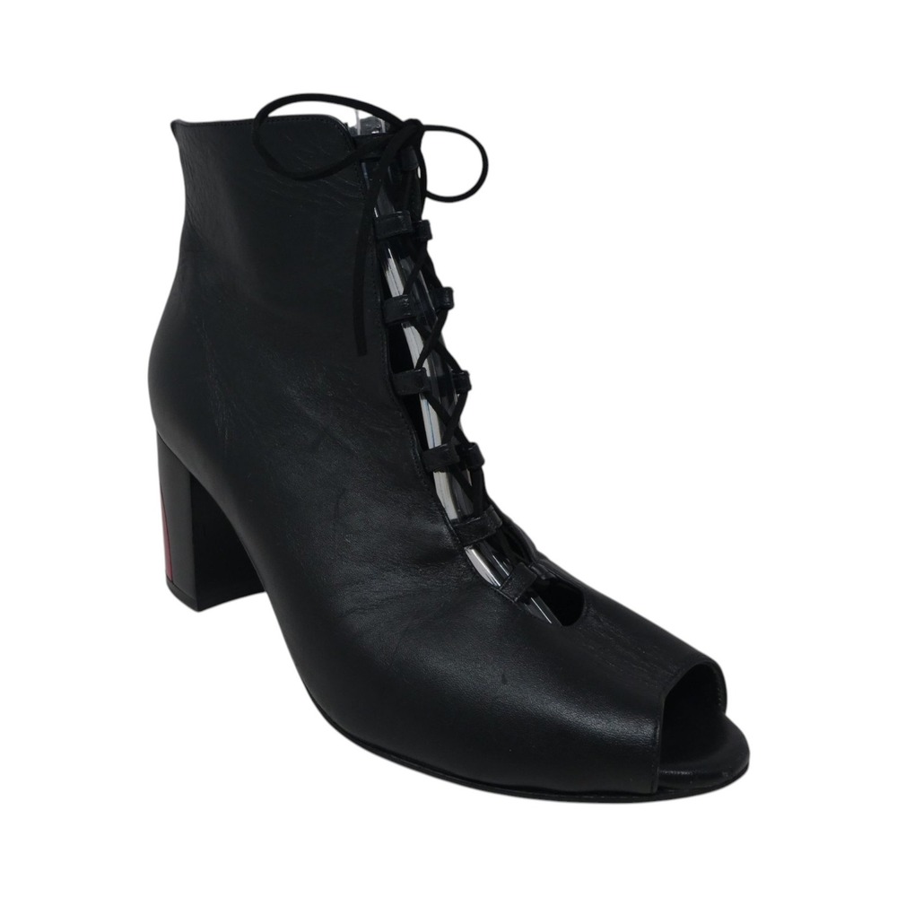 Salpy Peep Toe Lace Up Ankle‎ Boots Womens 9.5 Black Red Wood Block Heel Leather